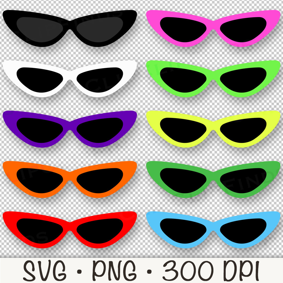 Retro Cat Eye Sunglasses Clip Art: 60s Style, Colorful Summer