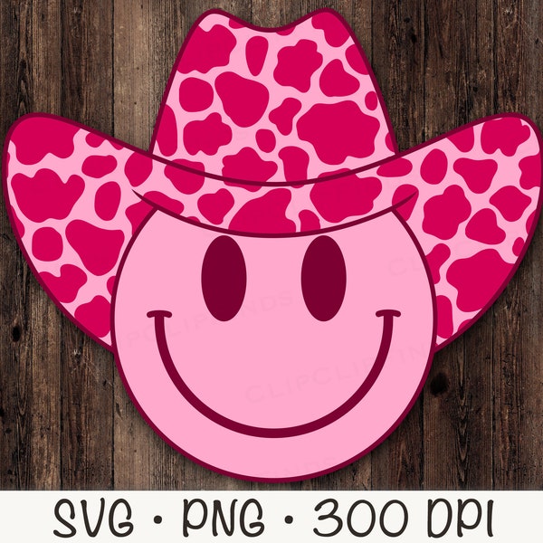 Cowboy Happy Face, Cow Print Cowboy Hat, Rodeo Smiley Face, Pink Smiley Face, SVG, PNG, Instant Digital Download