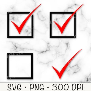 Pode incluir: Gráfico digital com fundo branco marmorizado. Três quadrados pretos com marcas de verificação vermelhas, um quadrado preto vazio e uma única marca de verificação vermelha. O texto "SVG • PNG • 300 DPI" é exibido na parte inferior.