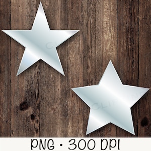 May include: Two silver stars on a brown wood background. The stars are five-pointed and have a shiny, metallic finish.