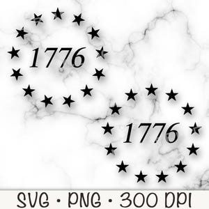 Pode incluir: Duas coroas pretas em forma de estrela, cada uma circundando o número "1776", são colocadas sobre um fundo branco marmorizado. A imagem inclui o texto "SVG • PNG • 300 DPI" na parte inferior.