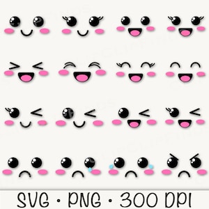 Puede incluir: Conjunto de 12 caras de dibujos animados kawaii con diferentes expresiones, incluyendo feliz, triste, sorprendido y gui&ntilde;ando un ojo. Las caras son en blanco y negro con mejillas rosadas y l&aacute;grimas azules.