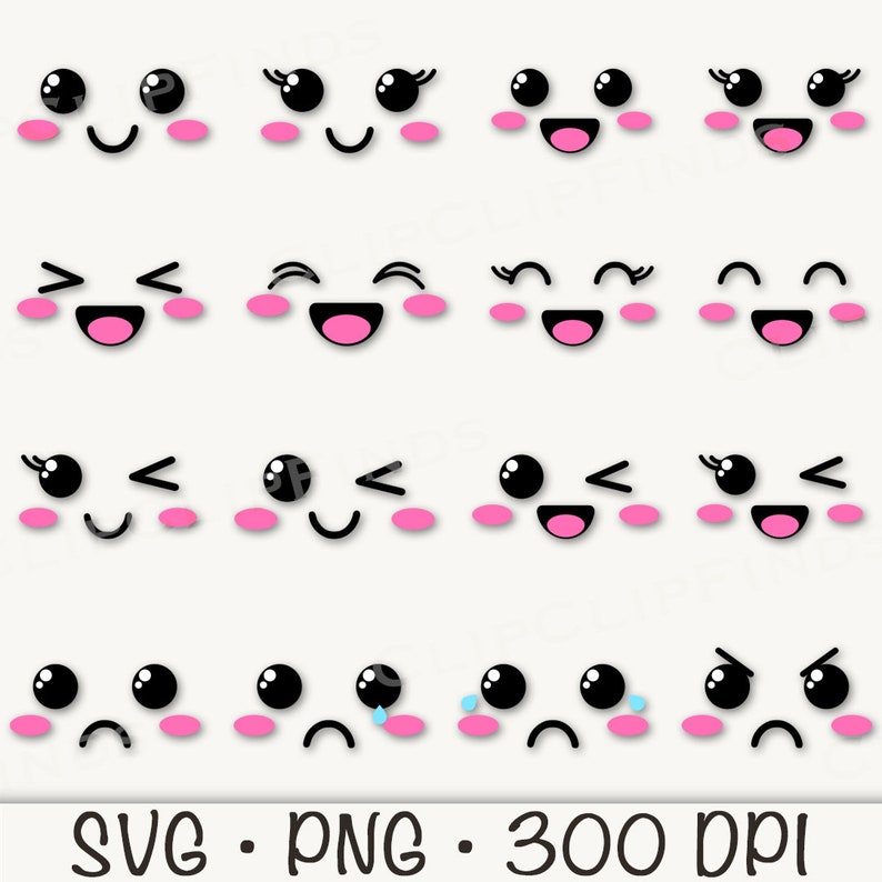 Puede incluir: Conjunto de 12 caras de dibujos animados kawaii con diferentes expresiones, incluyendo feliz, triste, sorprendido y gui&ntilde;ando un ojo. Las caras son en blanco y negro con mejillas rosadas y l&aacute;grimas azules.