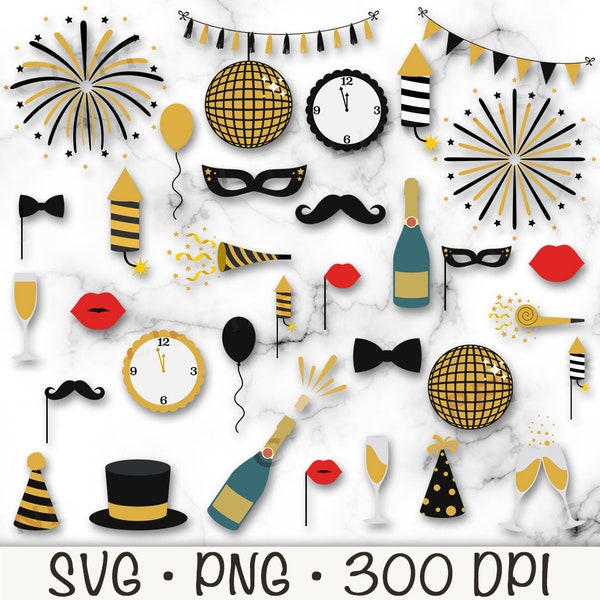 Happy New Year SVG, New Year Clip Art, New Year PNG, Black and Gold (Yellow), New Year's Eve 2024, Digital Download