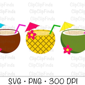 May include: Three colourful summer drinks with umbrellas and straws. The drinks are a brown coconut, a yellow pineapple, and a green coconut.