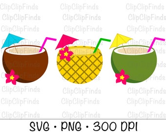 Coconut Tropical Drink, Pina Colada in a Pineapple, SVG Vector Cut File and PNG Transparent Background Sublimation Clip Art Instant Download