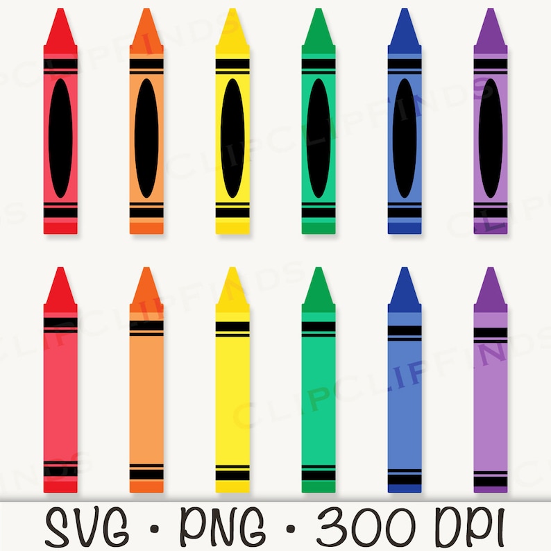 May include: Set of 10 colorful crayon illustrations. The crayons are arranged in a rainbow order from red to purple. Each crayon has a black outline and a black line across the middle.