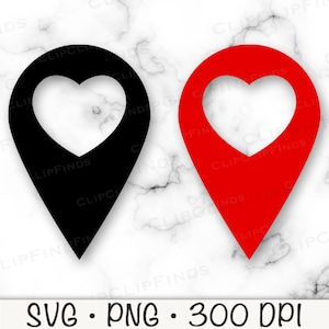 Heart Location Map Pin SVG, Location Sign Silhouette, Red Pin Map, Push Pin PNG, Location Marker, GPS, Travel, Vacation, Digital Download