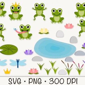 May include: A set of green frog illustrations with a crown, lily pads, water, rocks, and flowers. The illustrations are perfect for crafting projects, scrapbooking, and digital design.