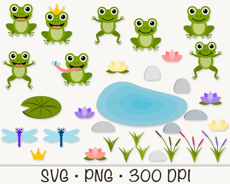 May include: A set of green frog illustrations with a crown, lily pads, water, rocks, and flowers. The illustrations are perfect for crafting projects, scrapbooking, and digital design.