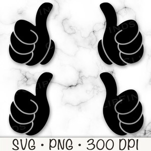 May include: Four black thumbs-up illustrations, each with a white outline, are arranged on a white marble background. The thumbs-up are in a cartoon style. The bottom of the image includes the text "SVG • PNG • 300 DPI".