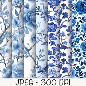 May include: A collection of blue and white floral patterns. The designs include various flowers, branches, and leaves. The text "JPEG • 300 DPI" is at the bottom of the image.