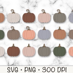 May include: Set of 18 digital pumpkin illustrations in various colours, including brown, grey, peach, and green. The pumpkins are all the same size and shape, with a simple, cartoon-like design.  SVG. PNG. 300 DPI.