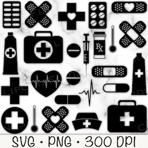 医療アイコン SVG、ヘルスケア SVG、医療 PNG、医師、クリニック、看護師、絆創膏、錠剤、心拍、体温計、デジタルダウンロード