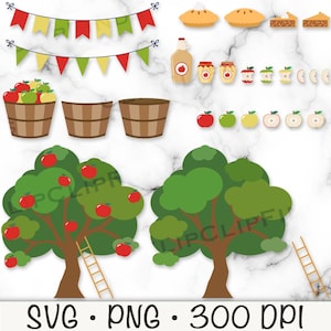 May include: A digital clipart set featuring apple-themed illustrations. The set includes red and green apples, apple trees, baskets, pies, jars of apple butter, and bunting flags with apple designs. The illustrations are in a cartoon style and are perfect for crafting projects, scrapbooking, and digital design.