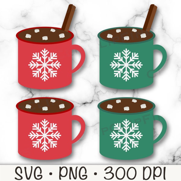 Hot Cocoa with Marshmallows SVG, Hot Chocolate with Cinnamon Stick PNG, Christmas Drink, Snow Flake, Instant Digital Download