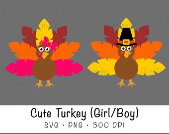 Girl and Boy Thanksgiving Turkey SVG Vector File and PNG Transparent Background Clip Art Instant Download