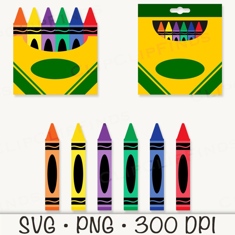 May include: A set of eight crayons in a yellow box with a green label. The crayons are red, orange, yellow, green, blue, purple, brown, and black. The crayons are arranged in a row in the box. The box is labeled with the word "Crayola".