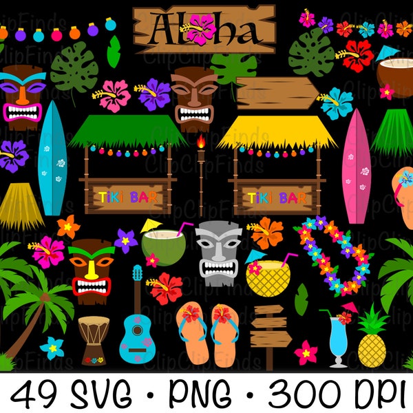 Hawaiian Clipart, Luau Tiki Party Bundle, Hawaii, SVG, PNG, Hawaii Clipart, Instant Digital Download