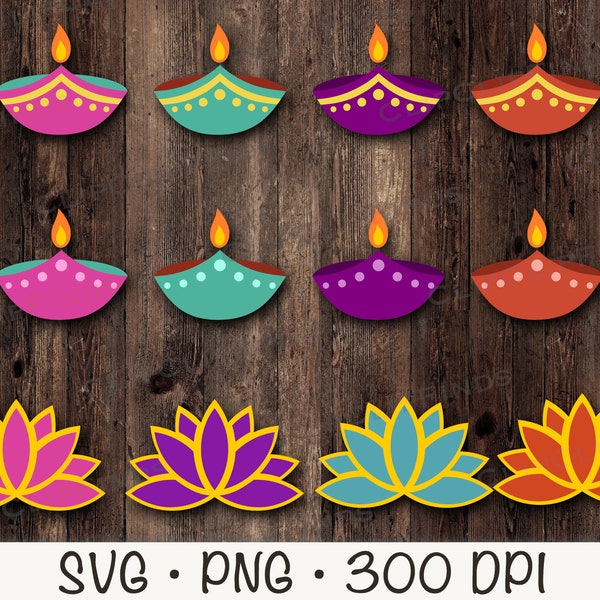 Diwali Clipart, Diya and Lotus Flower, Diwali Graphics Bundle Pack, SVG, PNG, Instant Digital Download