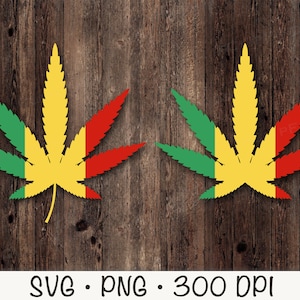 Pode incluir: Uma folha de marijuana verde, amarela e vermelha com as cores da bandeira do Mali. A folha está sobre um fundo de madeira. Os arquivos SVG e PNG estão incluídos. 300 DPI.