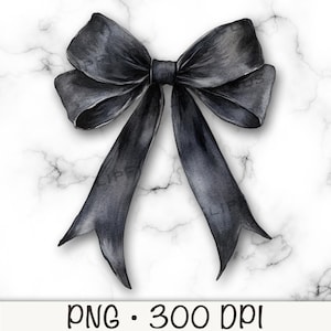 Op de afbeelding: Een aquarel illustratie van een zwarte strik met lange, vloeiende linten. De strik is gecentreerd op een witte marmeren achtergrond. De tekst "PNG • 300 DPI" staat onderaan de afbeelding.