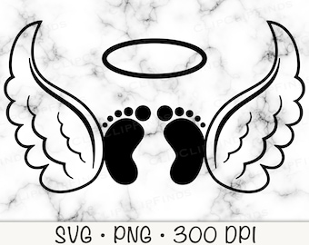 May include: Black and white silhouette of a pair of baby footprints with angel wings and a halo above them.