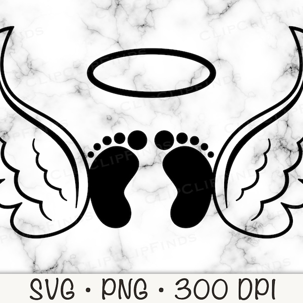 Angel Wings with Baby Foot Print and Halo SVG,  Vector Cut File and PNG Transparent Background, Clip Art, Instant Digital Download