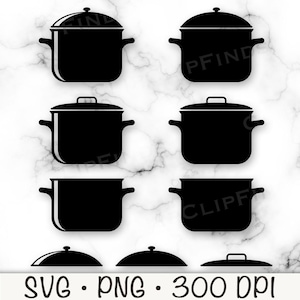 Könnte beinhalten: Schwarze Silhouette-Illustrationen von Kochtöpfen und Deckeln. Das Bild enthält verschiedene Topfformen und Deckeldesigns, ideal für Projekte zum Thema Küche. Der untere Teil des Bildes enthält den Text "SVG • PNG • 300 DPI".