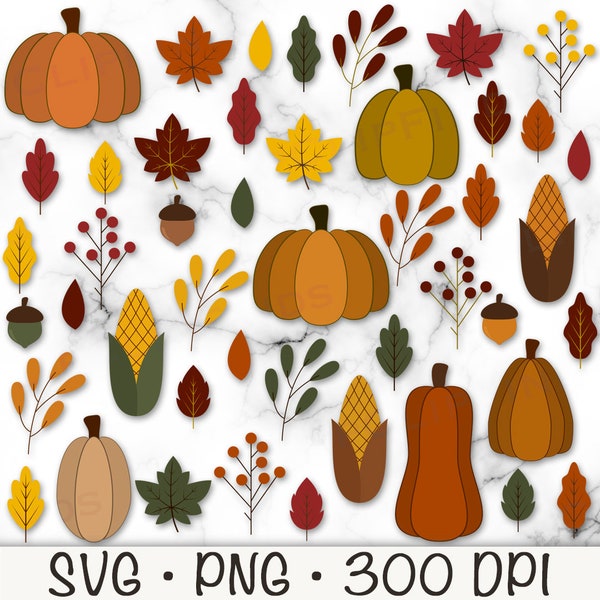 Fall Clip Art Bundle Pack PNG, Foliages SVG, Pumpkin, Corn, Thanksgiving, Instant Digital Download