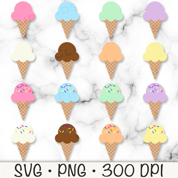 Ice Cream Cone Bundle Pack, Ice Cream Cone SVG, Ice Cream Clipart, Sprinkles, Chocolate, Vanilla, Blue, Pink, Purple, Yellow, Green, Graphic