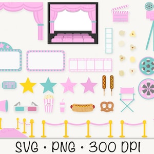 Cinema SVG, clipart de pacote de tema de filme, Pink Carpet Awards, gráficos de teatro rosa, PNG, azul-petróleo claro, verde limão, download digital instantâneo
