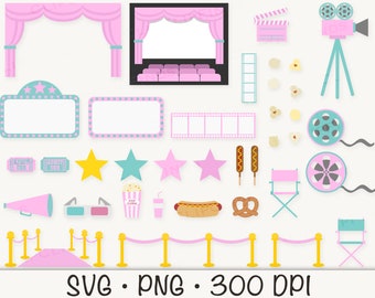 Cinema SVG, Movie Theme Bundle Clipart, Pink Carpet Awards, Pink Theater Graphics, PNG, Light Teal, lime Green, Instant Digital Download