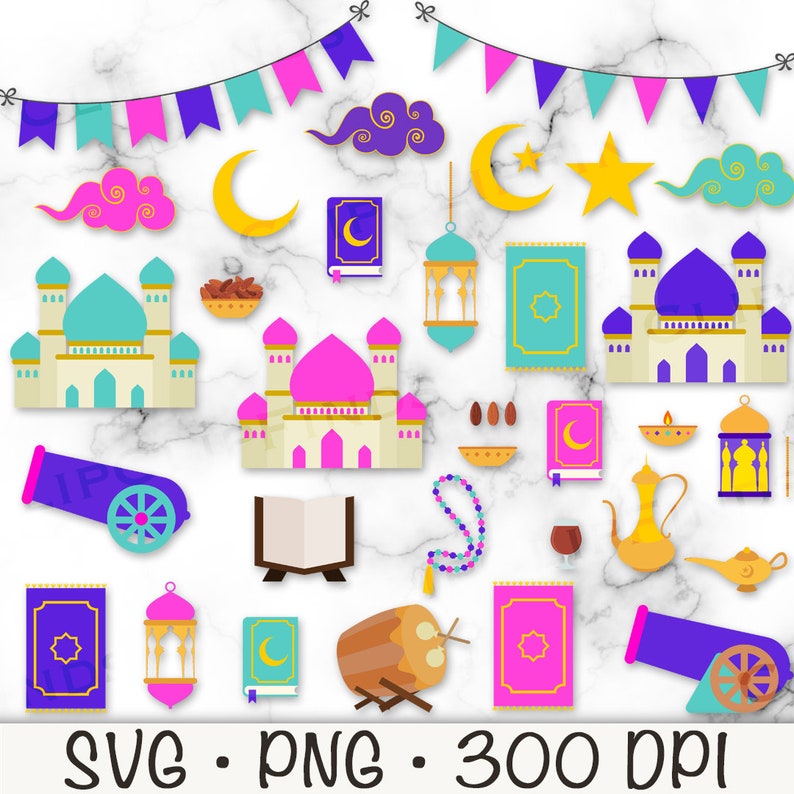 May include: A set of 20 colourful digital clipart images featuring Islamic and Ramadan themes. The images include mosques, crescent moons, stars, lanterns, prayer beads, and more. The images are perfect for creating invitations, cards, and other crafts.