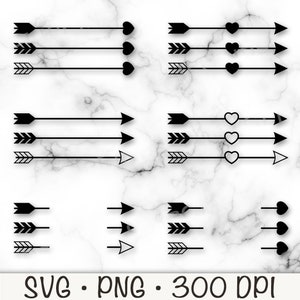 Op de afbeelding: Zwarte pijldesigns met verschillende pijlpuntstijlen, waaronder harten en geometrische vormen. De pijlen zijn in rijen gerangschikt op een marmerpatroon achtergrond. De tekst "SVG • PNG • 300 DPI" is inbegrepen.