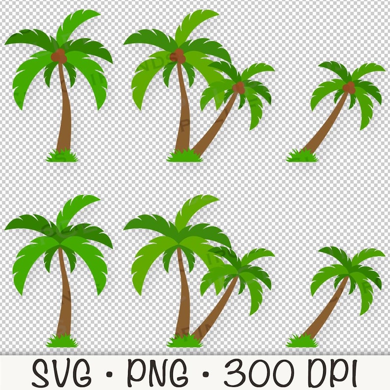May include: Set of eight cartoon palm trees with green leaves and brown trunks. The trees are isolated on a transparent background.