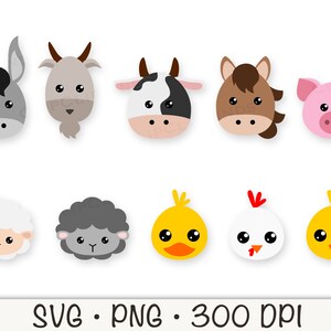 May include: Set of 10 cartoon animal head illustrations. The animals include a donkey, goat, cow, horse, pig, sheep, black sheep, chick, chicken, and a baby chick. The illustrations are in a simple, cartoon style and are perfect for use in crafts, scrapbooking, or digital projects.