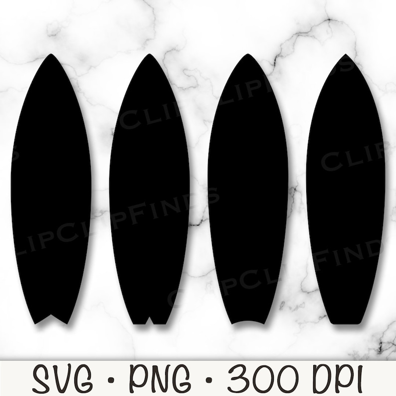 May include: Four black silhouette surfboards on a white marble background. The surfboards are all the same size and shape.