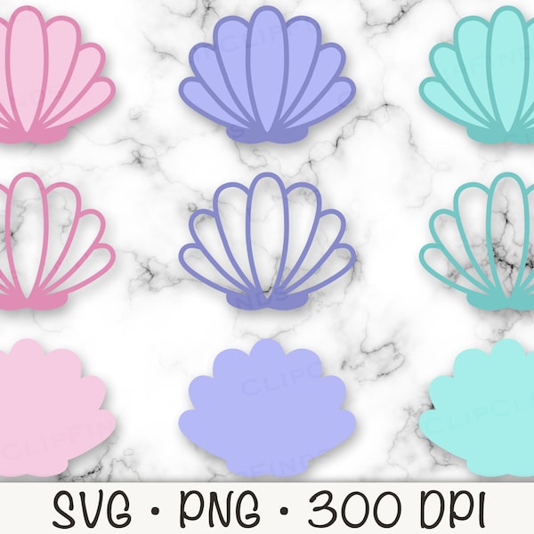 Coquillage SVG, contour de coquillage, coquillage solide, mignons coquillages pastel PNG, coquillages colorés, vie marine, clipart sirène, téléchargement numérique