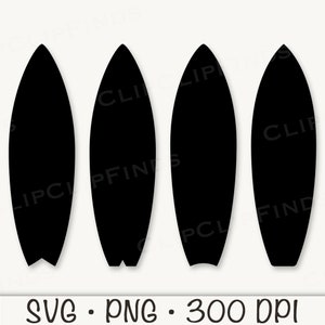 May include: Four black silhouette surfboards, each with a rounded top and bottom, and a slightly pointed tip. The surfboards are arranged in a row, with the tips pointing to the right.