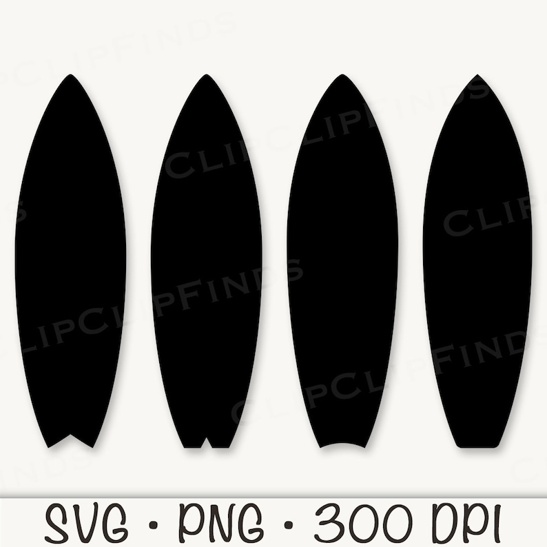 May include: Four black silhouette surfboards, each with a rounded top and bottom, and a slightly pointed tip. The surfboards are arranged in a row, with the tips pointing to the right.