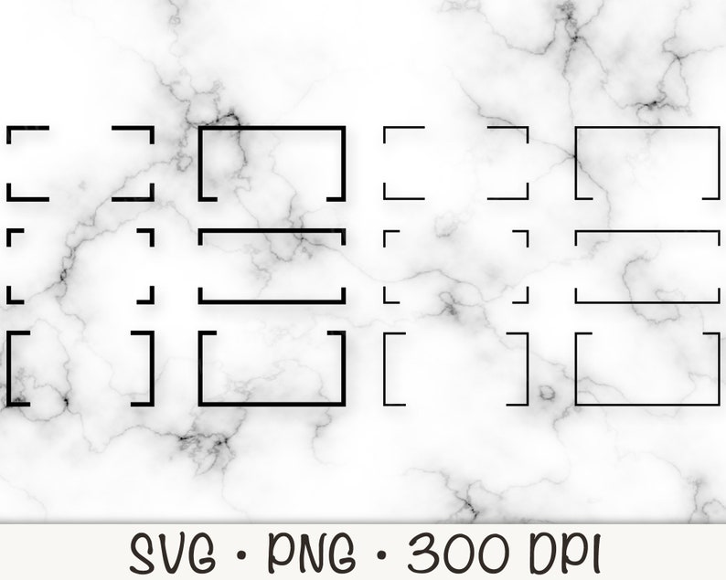 May include: A set of nine black square frames on a white marble background. The frames are of varying sizes and are arranged in a grid pattern.