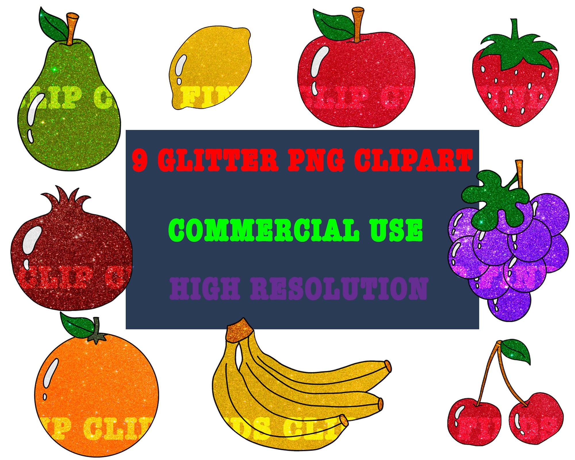 Glitter Fruit Clipart Commercial Use PNG High Resolution Etsy
