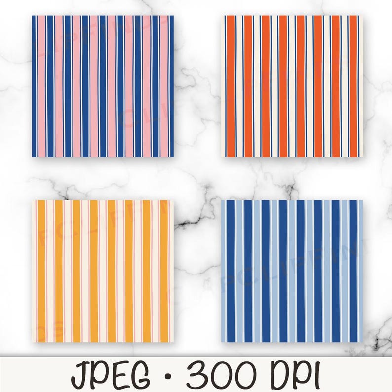 May include: Four square designs with vertical stripes in various color schemes: pink and navy blue, orange and white, yellow and white, and blue. The image includes the text "JPEG &bull; 300 DPI".