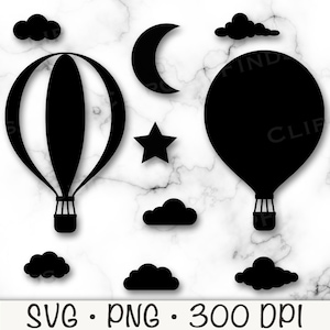 Luchtballon SVG, wolken SVG, luchtballon PNG, ster svg, maan svg, silhouetvormen, instant digitale download
