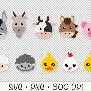May include: A set of nine cartoon animal illustrations featuring a donkey, goat, cow, horse, pig, sheep, black sheep, chick, and a baby chick. The animals are all facing forward and have a simple, cartoon style.