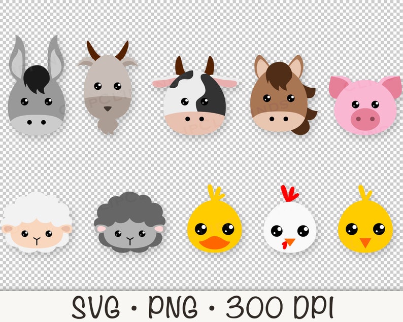 May include: A set of nine cartoon animal illustrations featuring a donkey, goat, cow, horse, pig, sheep, black sheep, chick, and a baby chick. The animals are all facing forward and have a simple, cartoon style.