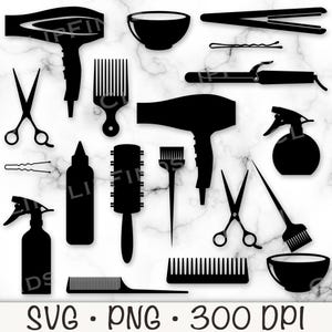 May include: A collection of black silhouette illustrations of various hair styling tools and accessories. Includes hair dryers, scissors, combs, brushes, hair straighteners, curling iron, spray bottles, and bowls. The text "SVG • PNG • 300 DPI" is at the bottom.