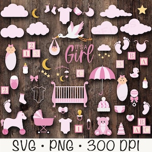 Baby Mädchen Clipart, Baby-Dusche SVG, Baby-Spielzeug, es ist ein Mädchen, Kinderwagen, Krippe, hängende Babykleidung, Wolken, Stern, Mond, Storch, digitaler Download