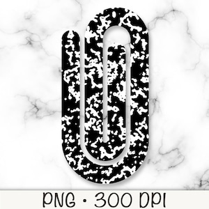 May include: A black and white paperclip design with a notebook paper texture. The paperclip is a bold, graphic shape, with the text "PNG • 300 DPI" at the bottom. The background is a marble pattern.